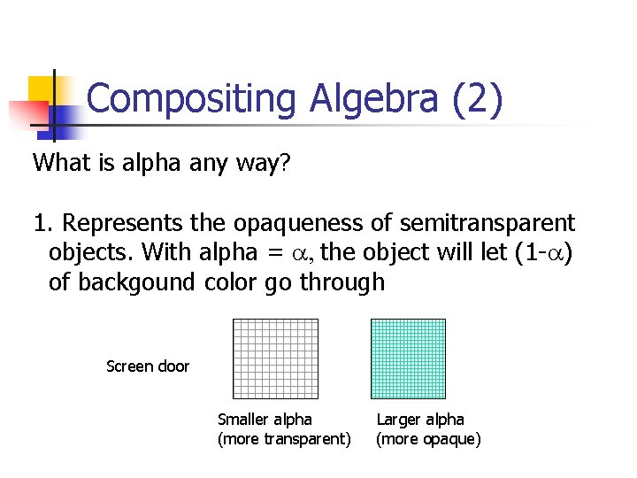 Compositing Algebra (2) What is alpha any way? 1. Represents the opaqueness of semitransparent Compositing Algebra (2) What is alpha any way? 1. Represents the opaqueness of semitransparent