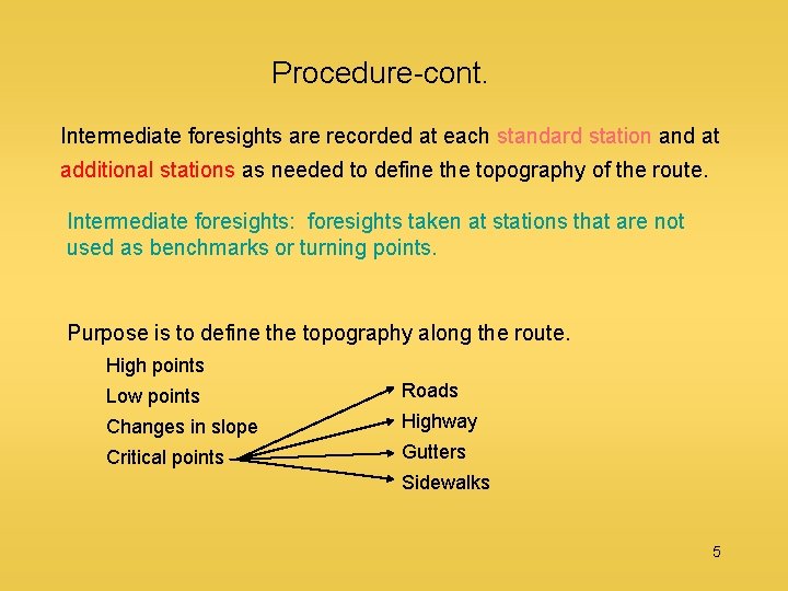 Procedure-cont. Intermediate foresights are recorded at each standard station and at additional stations as