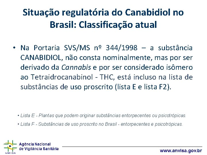 Situação regulatória do Canabidiol no Brasil: Classificação atual • Na Portaria SVS/MS nº 344/1998