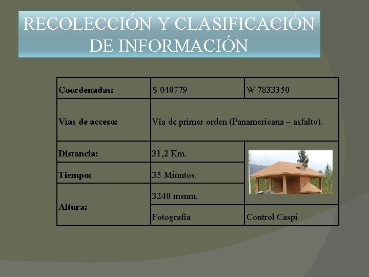 RECOLECCIÓN Y CLASIFICACIÓN DE INFORMACIÓN Coordenadas: S 040779 W 7833350 Vías de acceso: Vía RECOLECCIÓN Y CLASIFICACIÓN DE INFORMACIÓN Coordenadas: S 040779 W 7833350 Vías de acceso: Vía