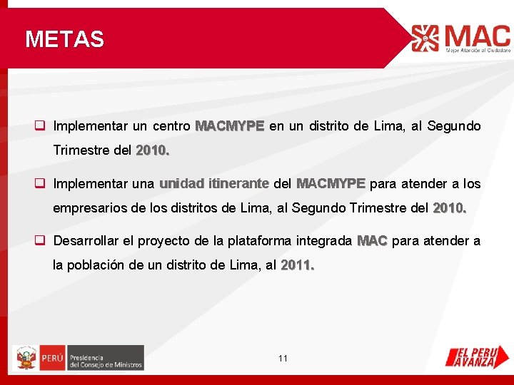 METAS q Implementar un centro MACMYPE en un distrito de Lima, al Segundo Trimestre METAS q Implementar un centro MACMYPE en un distrito de Lima, al Segundo Trimestre