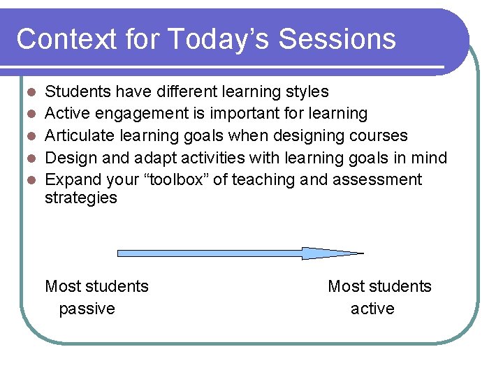 Context for Today’s Sessions l l l Students have different learning styles Active engagement