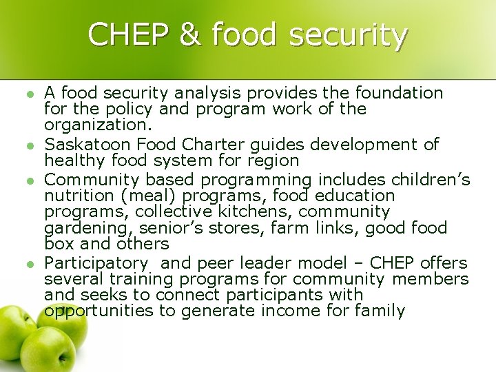 CHEP & food security l l A food security analysis provides the foundation for CHEP & food security l l A food security analysis provides the foundation for