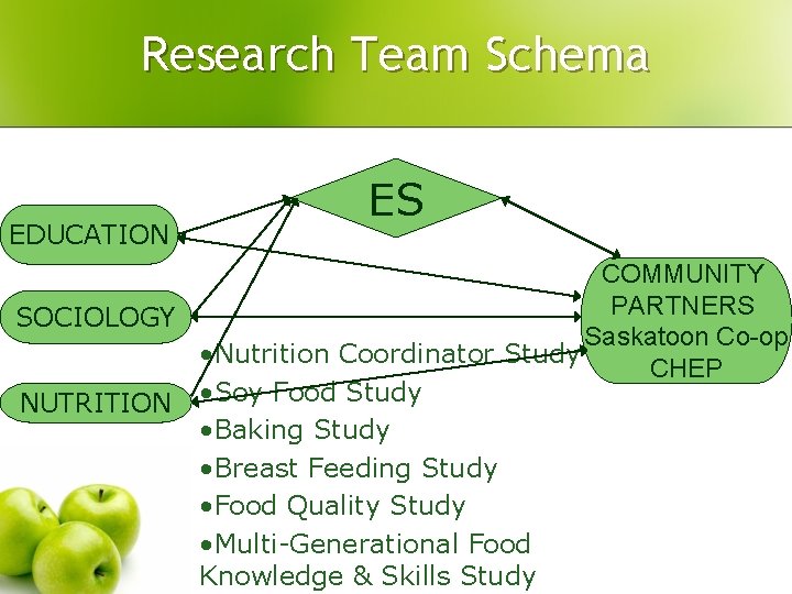 Research Team Schema EDUCATION ES COMMUNITY PARTNERS SOCIOLOGY Saskatoon Co-op • Nutrition Coordinator Study Research Team Schema EDUCATION ES COMMUNITY PARTNERS SOCIOLOGY Saskatoon Co-op • Nutrition Coordinator Study