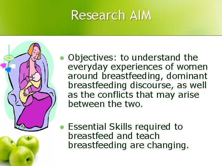 Research AIM l Objectives: to understand the everyday experiences of women around breastfeeding, dominant Research AIM l Objectives: to understand the everyday experiences of women around breastfeeding, dominant