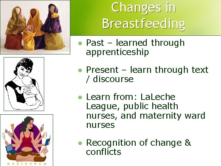 Changes in Breastfeeding l Past – learned through apprenticeship l Present – learn through Changes in Breastfeeding l Past – learned through apprenticeship l Present – learn through