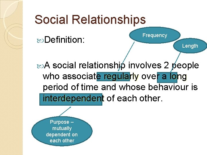 Social Relationships Definition: A Frequency Length social relationship involves 2 people who associate regularly