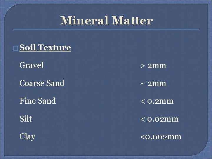 Mineral Matter � Soil Texture Gravel > 2 mm Coarse Sand ~ 2 mm