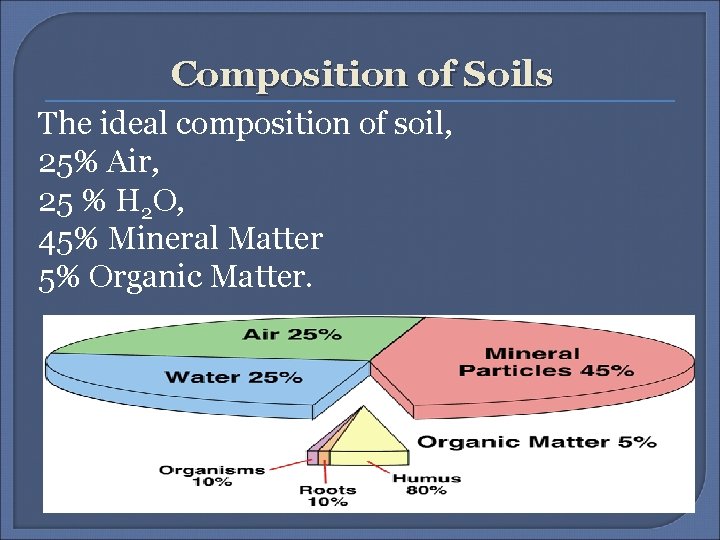 Composition of Soils The ideal composition of soil, 25% Air, 25 % H 2