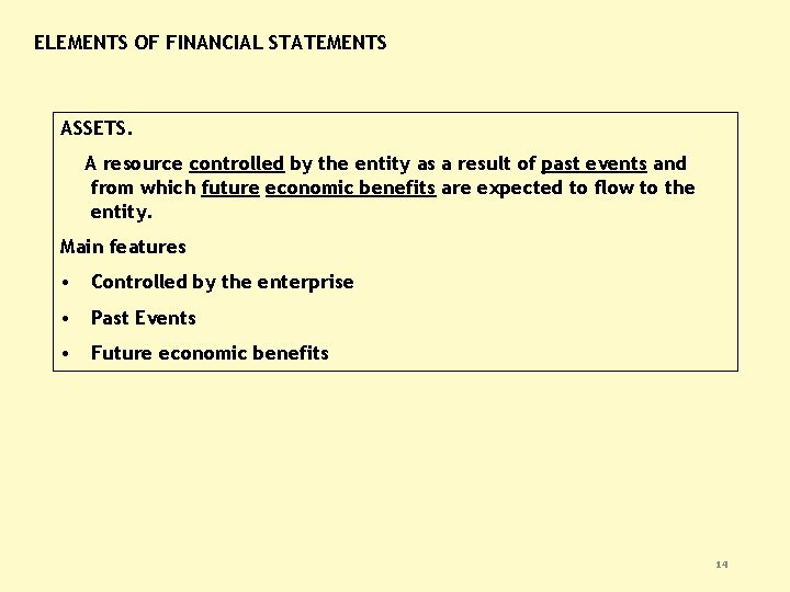 ELEMENTS OF FINANCIAL STATEMENTS ASSETS. A resource controlled by the entity as a result