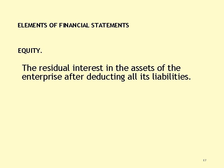 ELEMENTS OF FINANCIAL STATEMENTS EQUITY. The residual interest in the assets of the enterprise