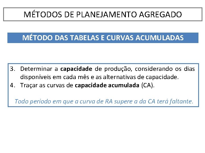 MÉTODOS DE PLANEJAMENTO AGREGADO MÉTODO DAS TABELAS E CURVAS ACUMULADAS 3. Determinar a capacidade
