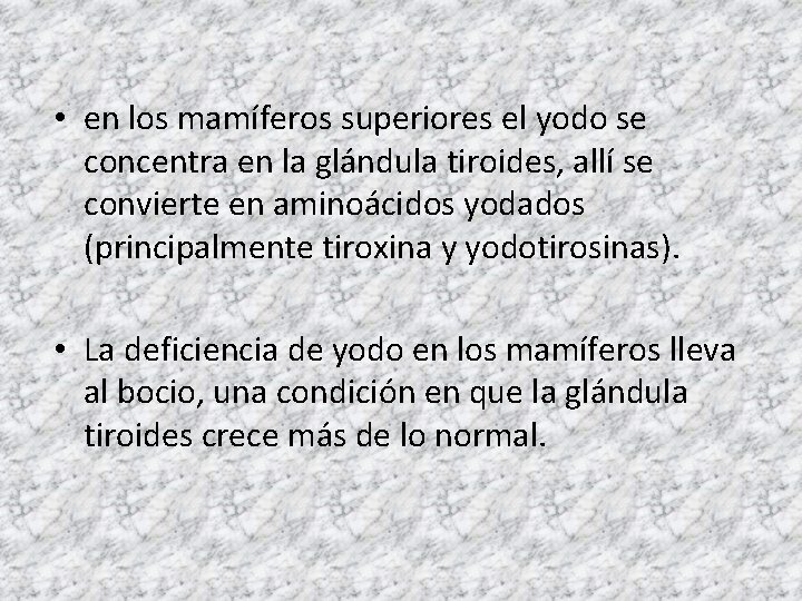  • en los mamíferos superiores el yodo se concentra en la glándula tiroides,