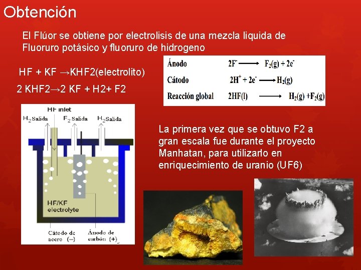 Obtención El Flúor se obtiene por electrolisis de una mezcla liquida de Fluoruro potásico