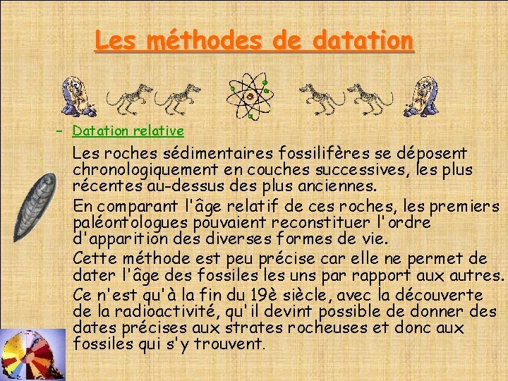 Les méthodes de datation – Datation relative Les roches sédimentaires fossilifères se déposent chronologiquement