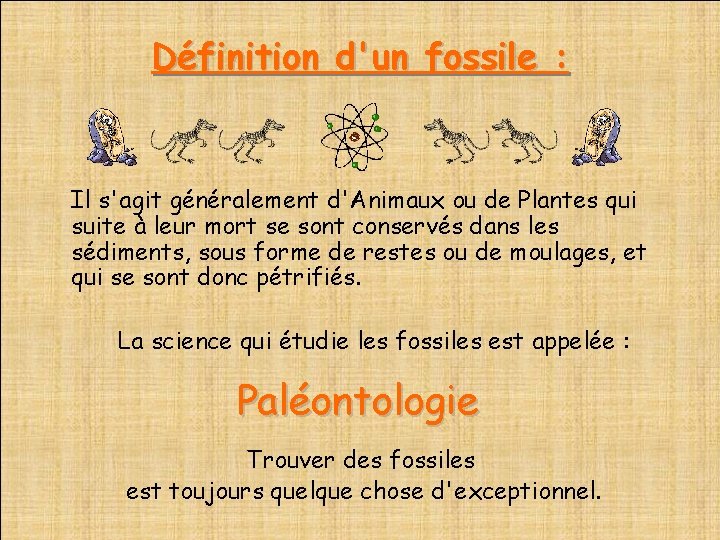 Définition d'un fossile : Il s'agit généralement d'Animaux ou de Plantes qui suite à