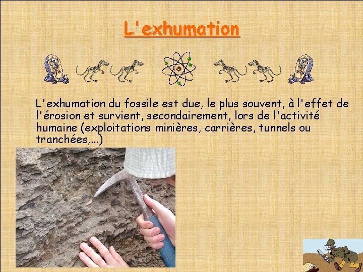 L'exhumation du fossile est due, le plus souvent, à l'effet de l'érosion et survient,