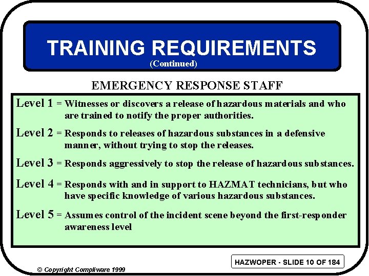 TRAINING REQUIREMENTS (Continued) EMERGENCY RESPONSE STAFF Level 1 = Witnesses or discovers a release