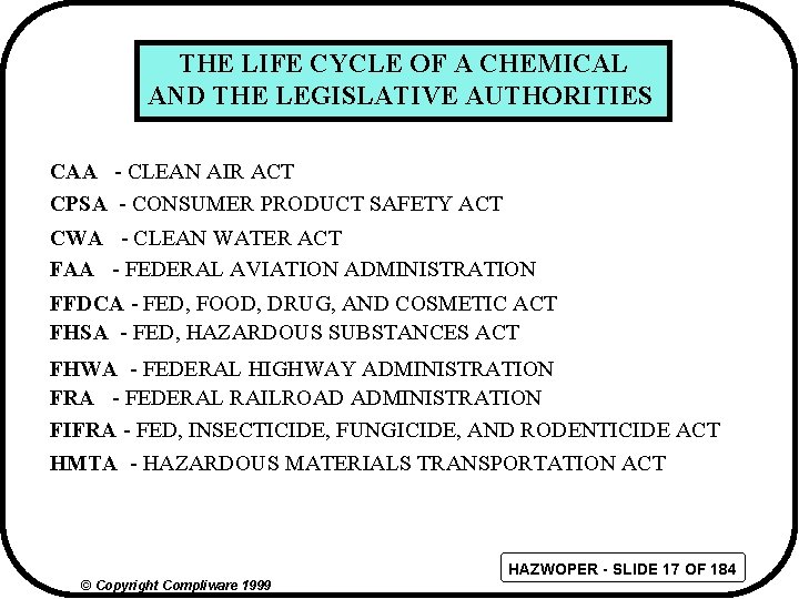 THE LIFE CYCLE OF A CHEMICAL AND THE LEGISLATIVE AUTHORITIES CAA - CLEAN AIR