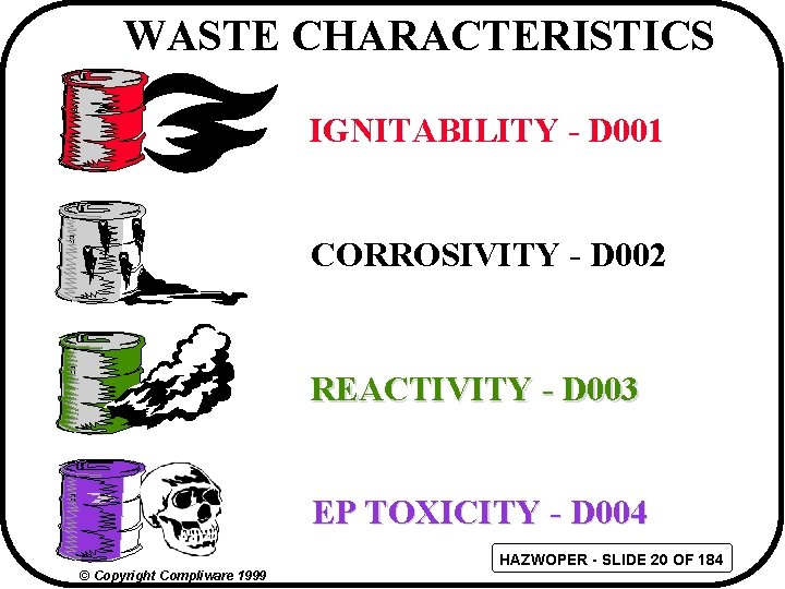 WASTE CHARACTERISTICS IGNITABILITY - D 001 CORROSIVITY - D 002 REACTIVITY - D 003