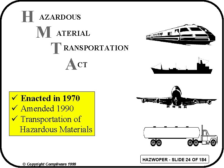 H AZARDOUS M ATERIAL T RANSPORTATION ACT ü Enacted in 1970 ü Amended 1990