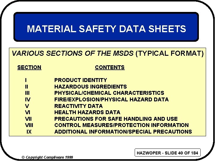 MATERIAL SAFETY DATA SHEETS VARIOUS SECTIONS OF THE MSDS (TYPICAL FORMAT) SECTION I II