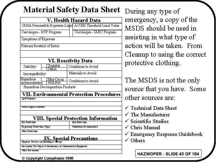 Material Safety Data Sheet During any type of V. Health Hazard Data OSHA Permissible