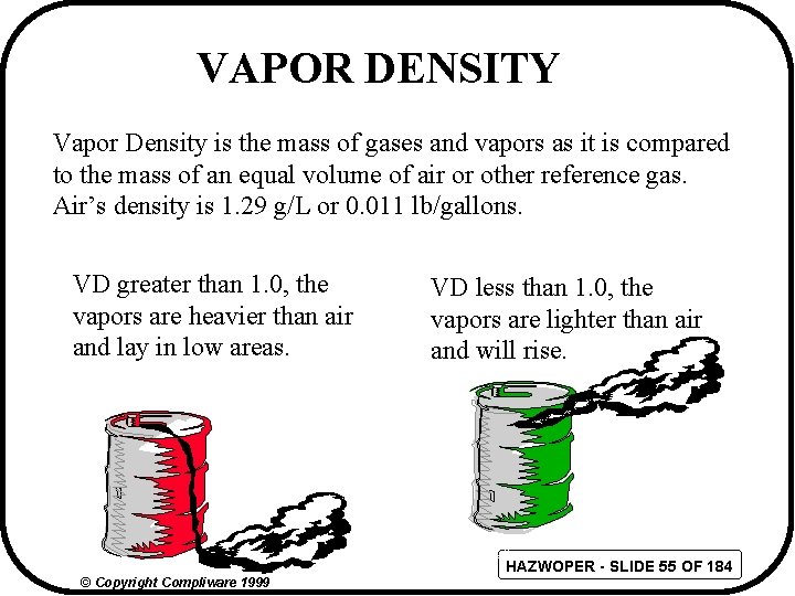 VAPOR DENSITY Vapor Density is the mass of gases and vapors as it is