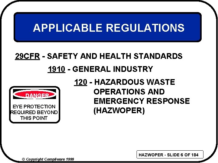 APPLICABLE REGULATIONS 29 CFR - SAFETY AND HEALTH STANDARDS 1910 - GENERAL INDUSTRY DANGER