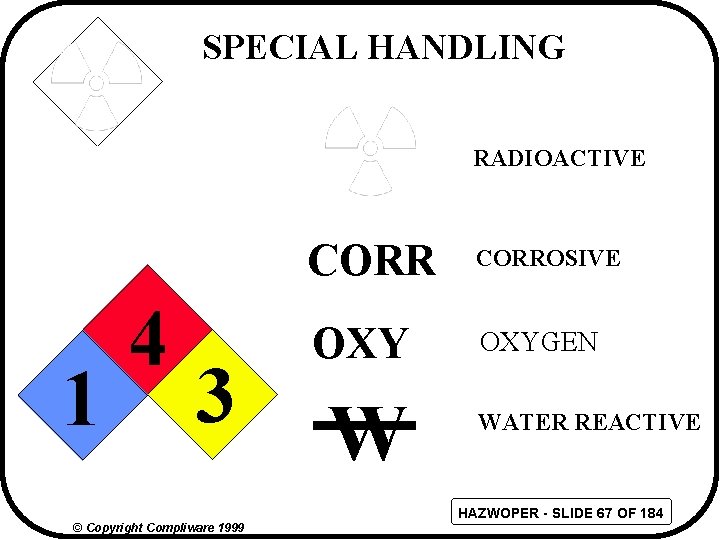 SPECIAL HANDLING RADIOACTIVE 1 4 3 CORROSIVE OXYGEN W WATER REACTIVE HAZWOPER - SLIDE