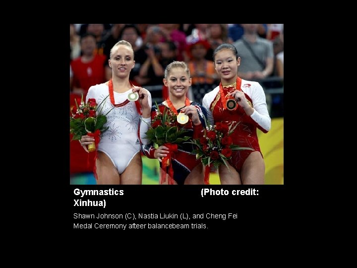 Gymnastics Xinhua) (Photo credit: Shawn Johnson (C), Nastia Liukin (L), and Cheng Fei Medal