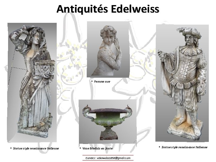 Antiquités Edelweiss • Femme nue • Statue style renaissance Italienne • Vase Médicis en