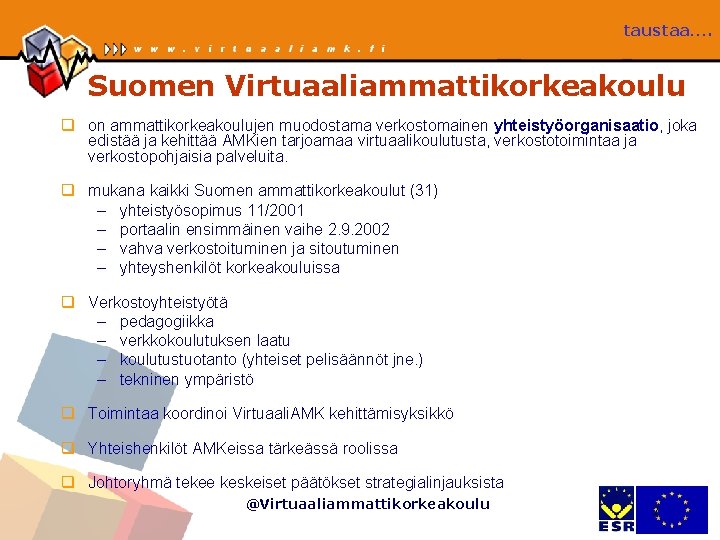 taustaa…. Suomen Virtuaaliammattikorkeakoulu q on ammattikorkeakoulujen muodostama verkostomainen yhteistyöorganisaatio, joka edistää ja kehittää AMKien