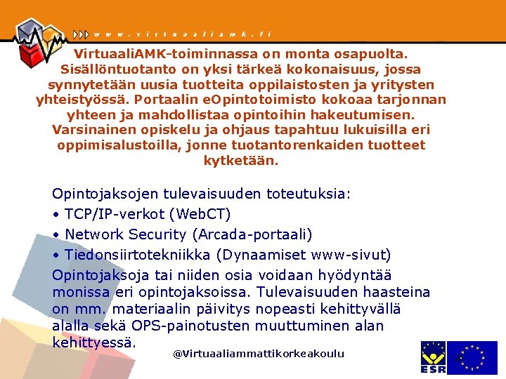 Virtuaali. AMK-toiminnassa on monta osapuolta. Sisällöntuotanto on yksi tärkeä kokonaisuus, jossa synnytetään uusia tuotteita