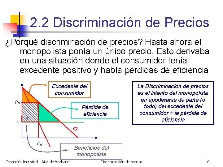 2. 2 Discriminación de Precios ¿Porqué discriminación de precios? Hasta ahora el monopolista ponía
