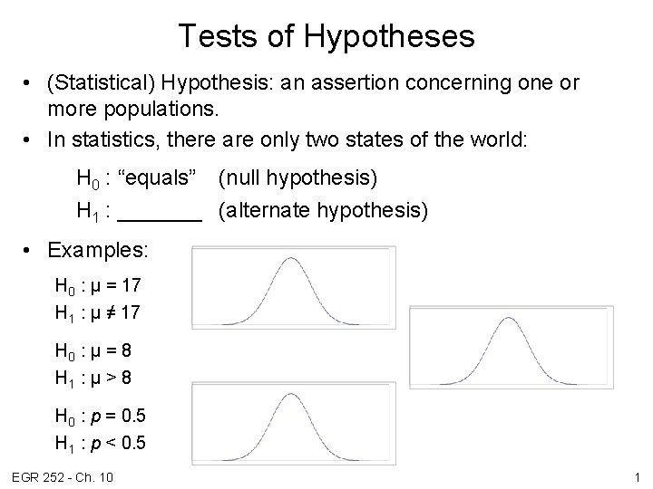 Tests of Hypotheses • (Statistical) Hypothesis: an assertion concerning one or more populations. •