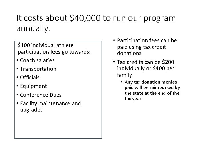 It costs about $40, 000 to run our program annually. $100 individual athlete participation