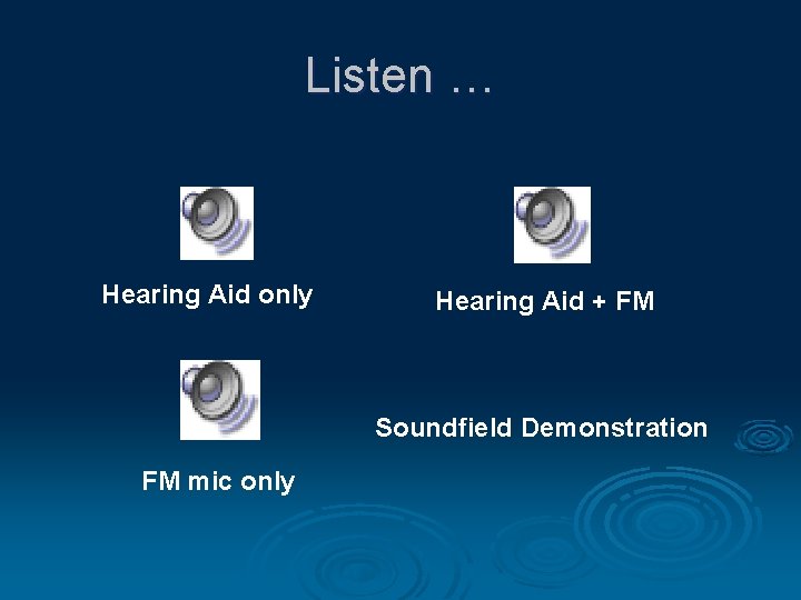 Listen … Hearing Aid only Hearing Aid + FM Soundfield Demonstration FM mic only