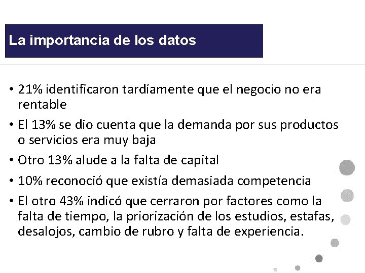 La importancia de los datos • 21% identificaron tardíamente que el negocio no era