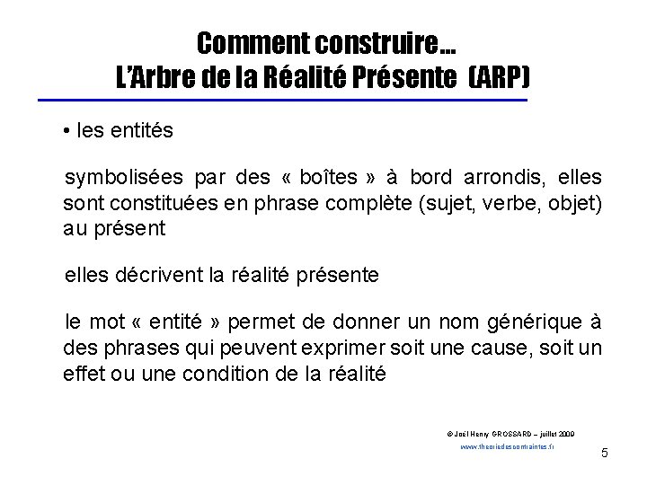 Comment construire… L’Arbre de la Réalité Présente (ARP) • les entités symbolisées par des