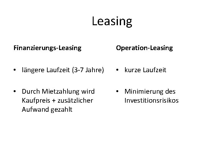 Leasing Finanzierungs-Leasing Operation-Leasing • längere Laufzeit (3 -7 Jahre) • kurze Laufzeit • Durch