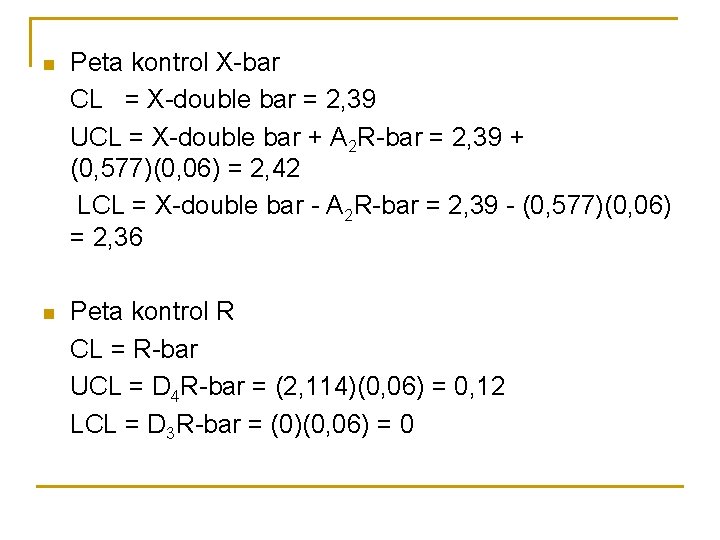 n Peta kontrol X-bar CL = X-double bar = 2, 39 UCL = X-double