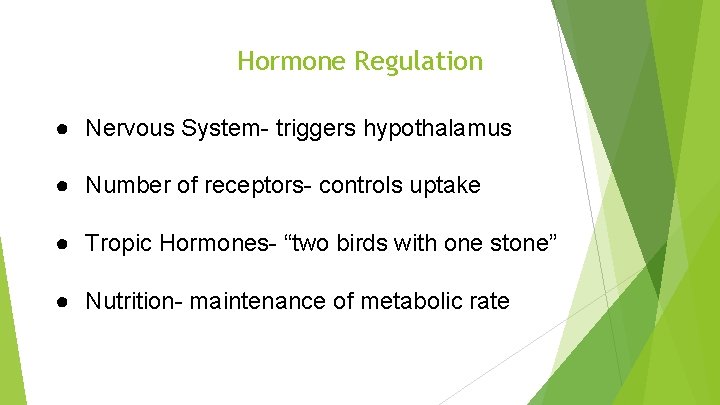 Hormone Regulation ● Nervous System- triggers hypothalamus ● Number of receptors- controls uptake ●