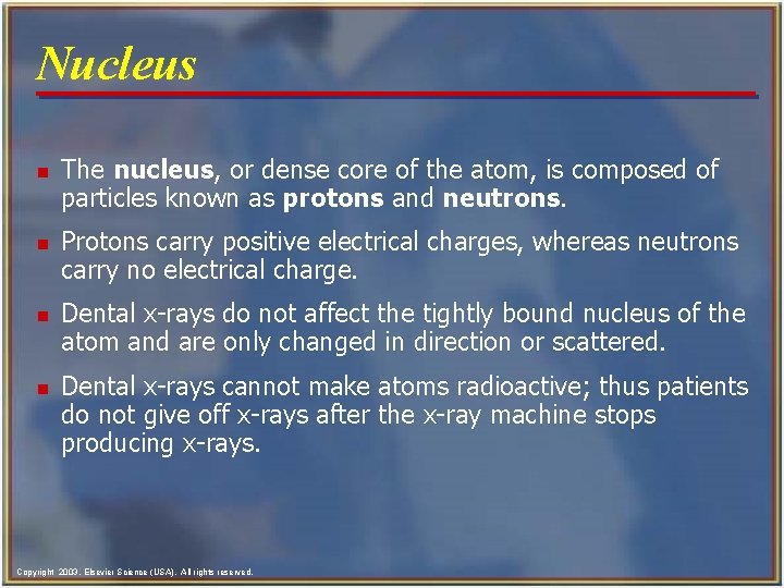 Nucleus n n The nucleus, or dense core of the atom, is composed of