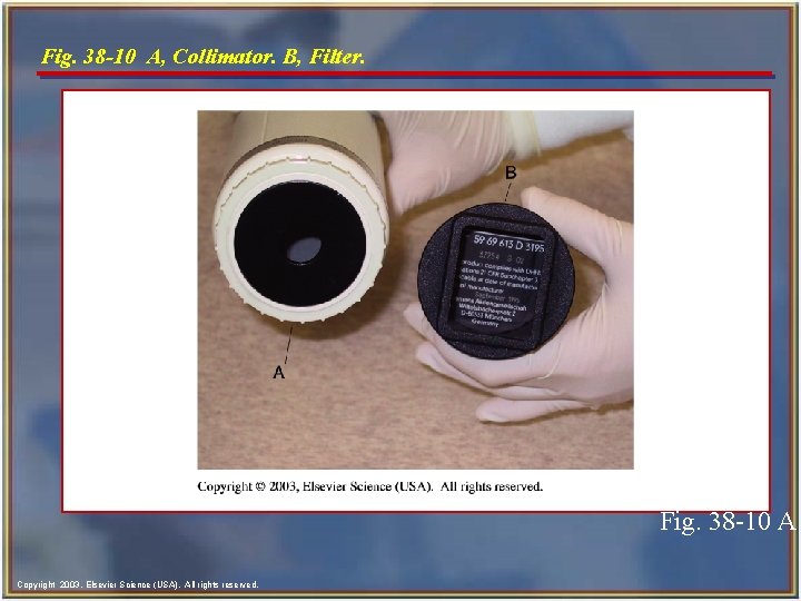 Fig. 38 -10 A, Collimator. B, Filter. Fig. 38 -10 A Copyright 2003, Elsevier