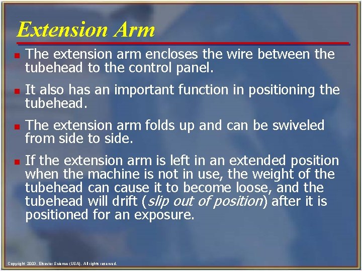 Extension Arm n The extension arm encloses the wire between the tubehead to the
