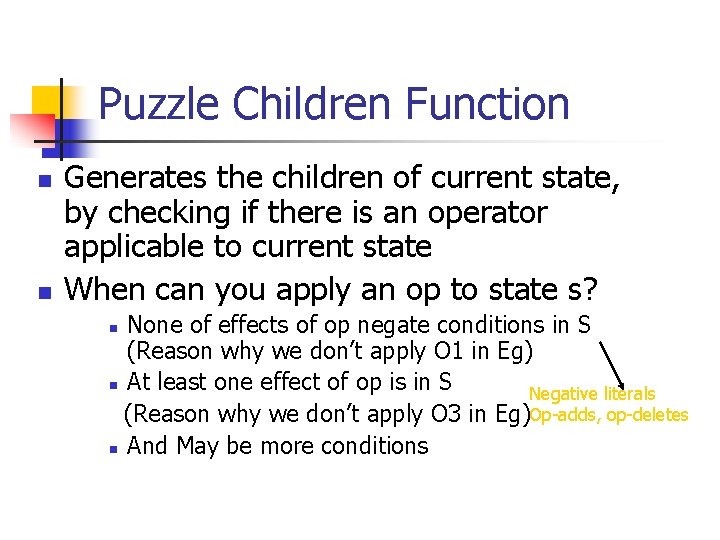 Puzzle Children Function n n Generates the children of current state, by checking if