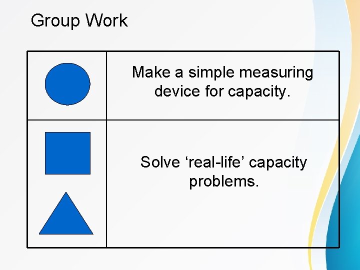 Group Work Make a simple measuring device for capacity. Solve ‘real-life’ capacity problems. 