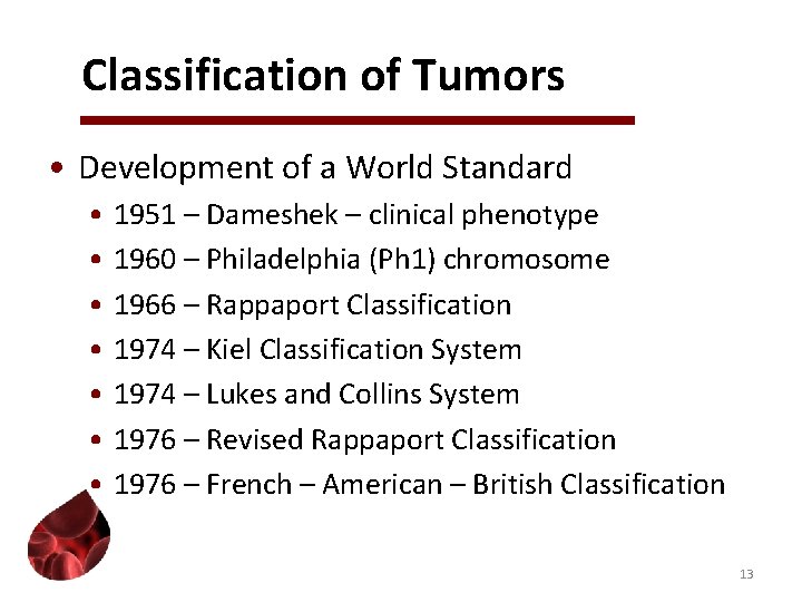Classification of Tumors • Development of a World Standard • 1951 – Dameshek –