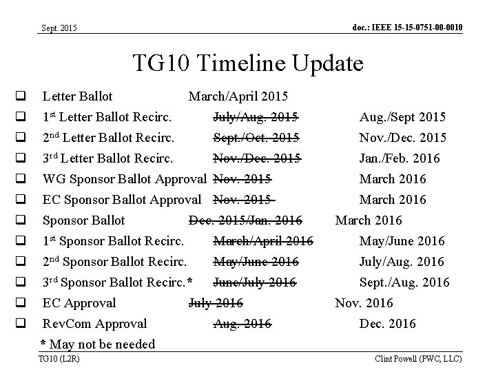 doc. : IEEE 15 -15 -0751 -00 -0010 Sept. 2015 TG 10 Timeline Update doc. : IEEE 15 -15 -0751 -00 -0010 Sept. 2015 TG 10 Timeline Update